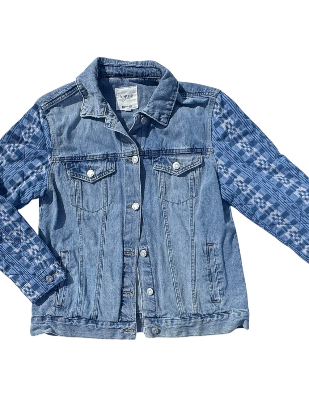 Kensie Light Blue Denim Jacket with Aztec Patterned Sleeves Sz Small